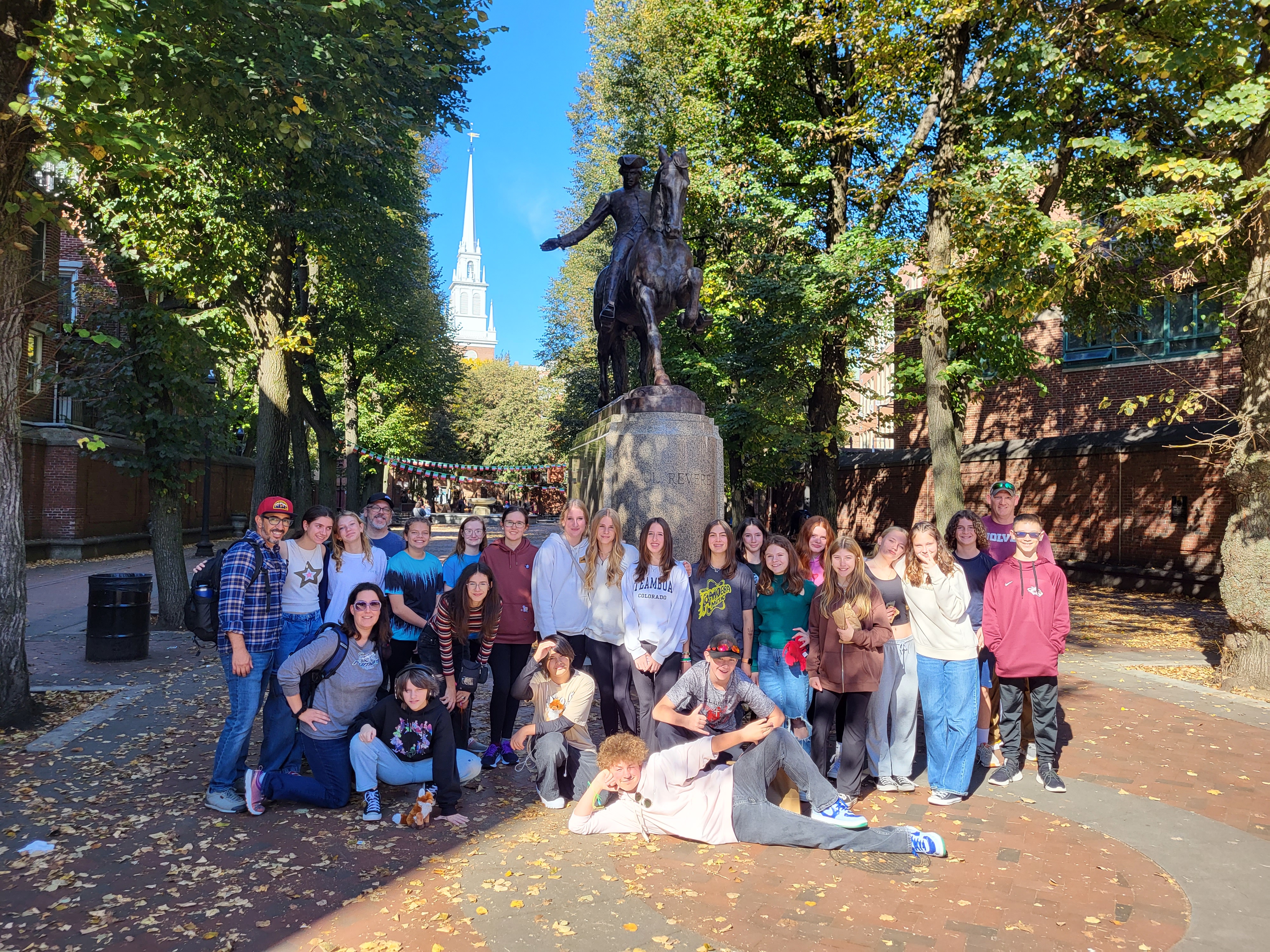 Group photo in front of Paul Revere in Boston