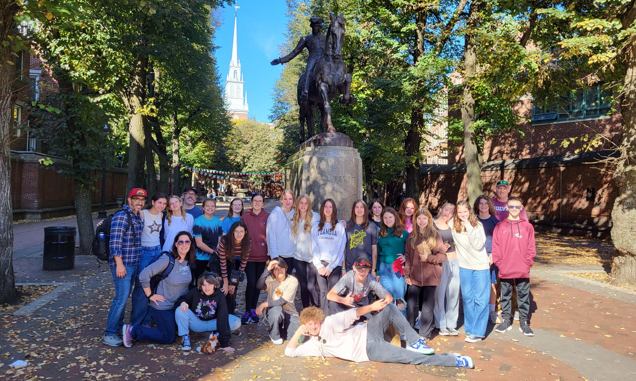 Group photo in front of Paul Revere in Boston