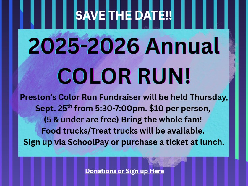 Color Run 2025-2026 is Sept 25th at 5:30pm. Sign up on SchoolPay