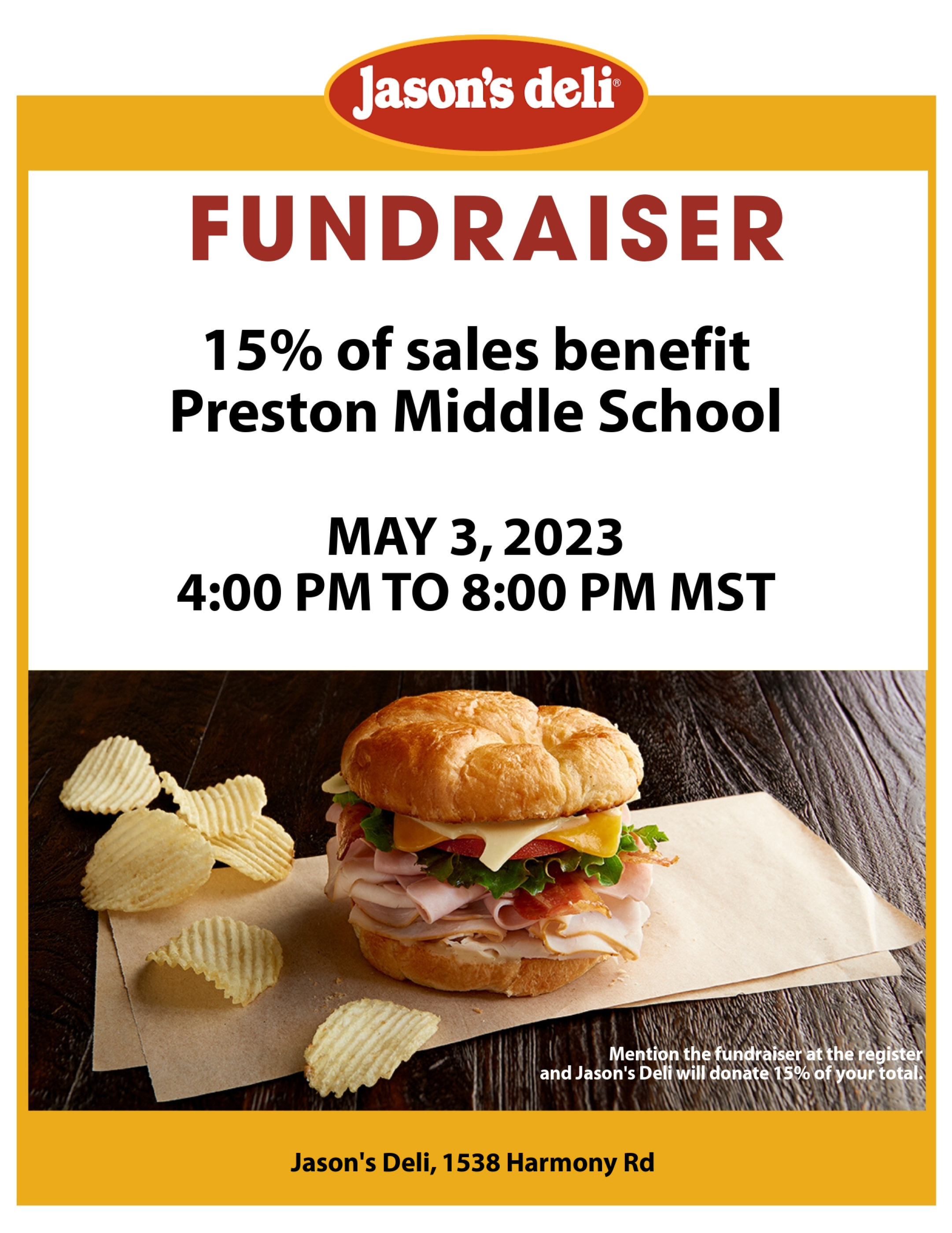 Join us today at Jason's Deli for a Preston fundraiser